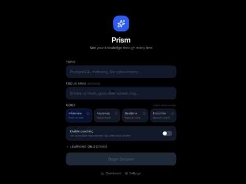 Prism — session setup